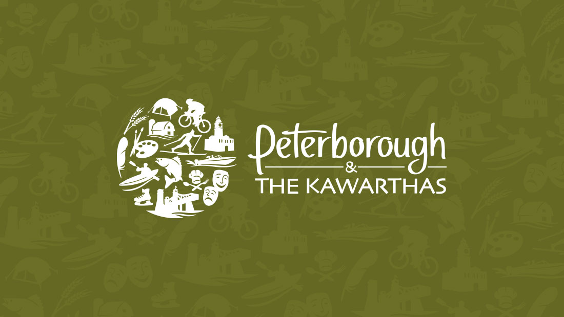This is a placeholder image for pages that do not need one by default. It includes various symbols representing the Kawarthas e.g. Grain, Painting, Cycling, Kayaking, in white collaged in a circle beside the Peterborough & The Kawarthas typography logo.