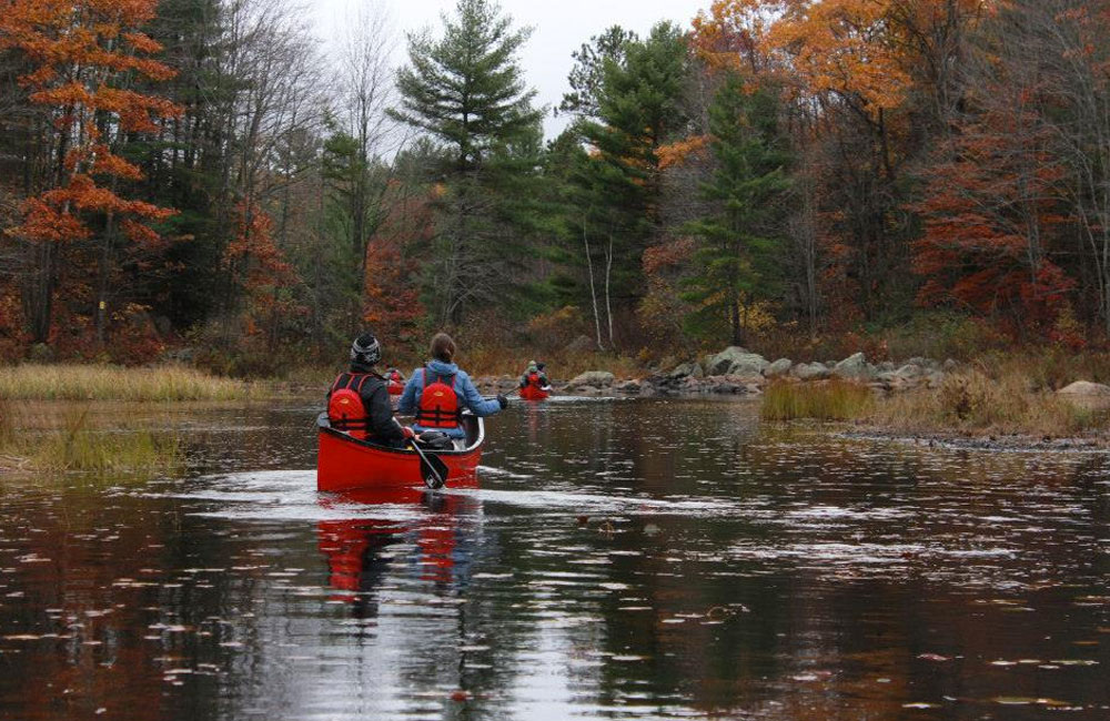 two people canoeing on a river during fall in Peterborough & the Kawarthas