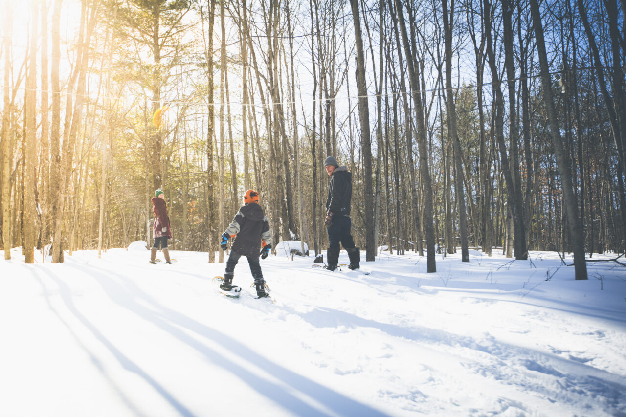 kid snowshoeing in forest