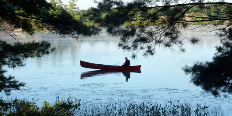 canoe on a lake in forest