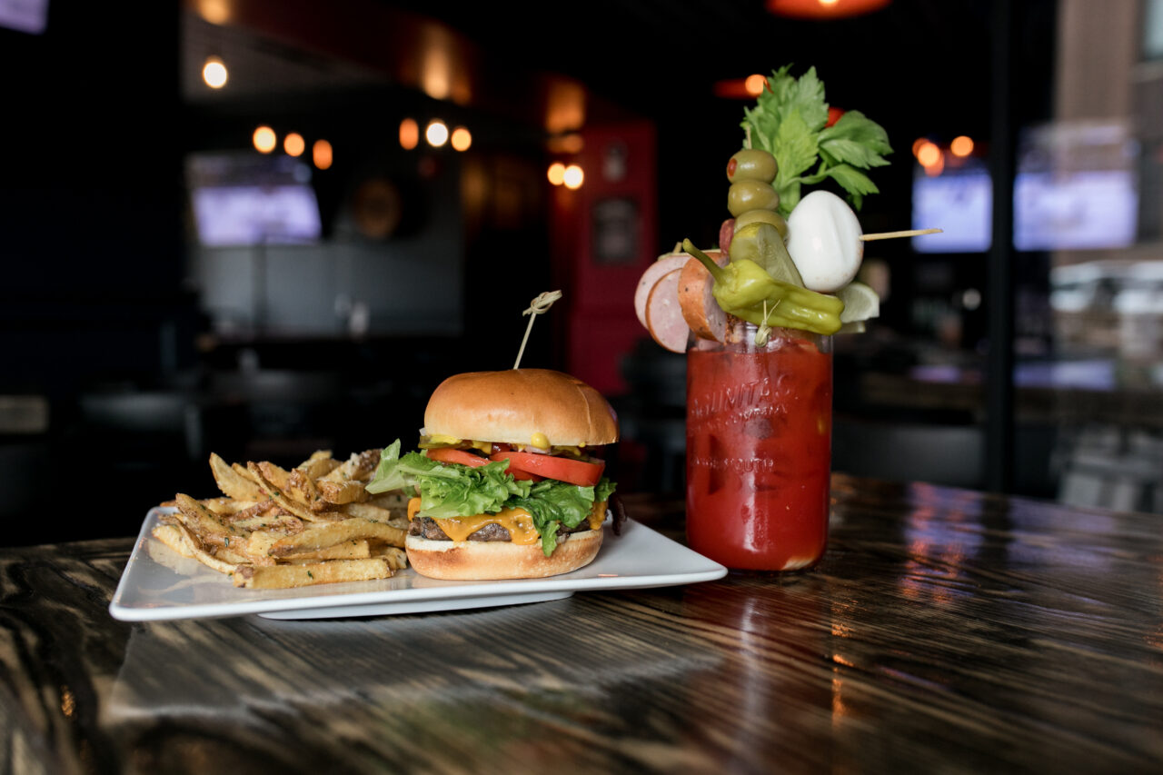 burger, Caesar drink, and fries
