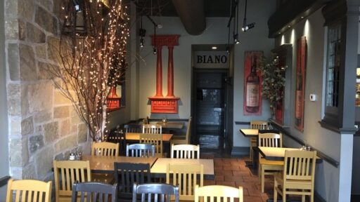 a bunch of tables in a restaurant