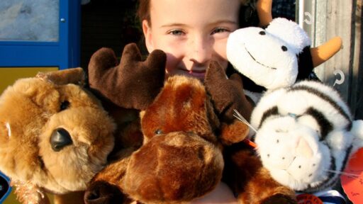 kid with a bunch of stuffed animals