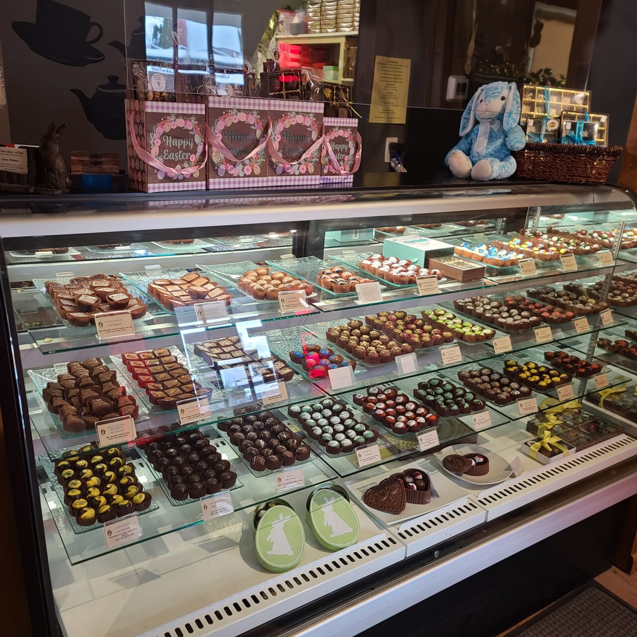 Display case of a variety of chocolates
