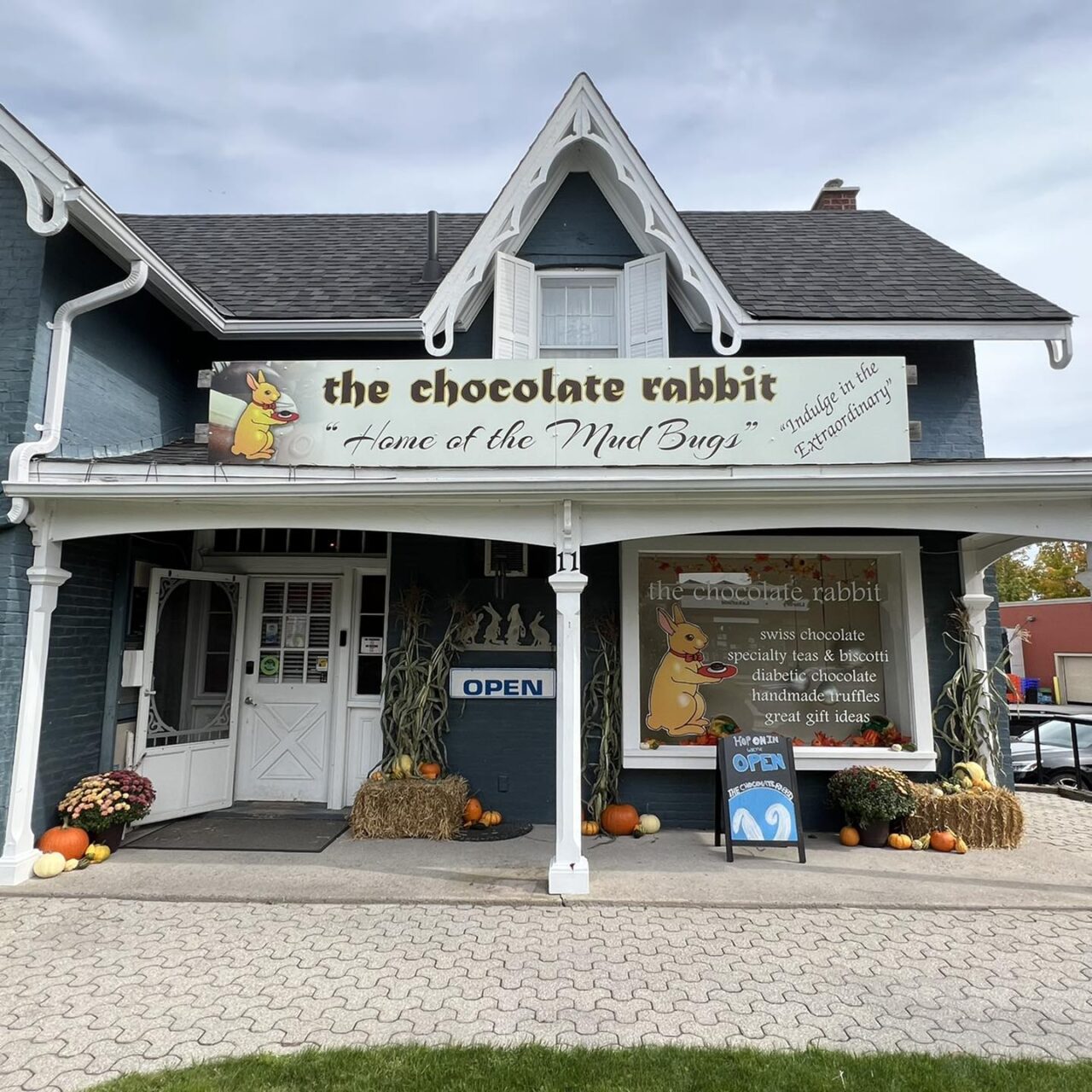 Looking towards entrance for The Chocolate Rabbit with fall decor