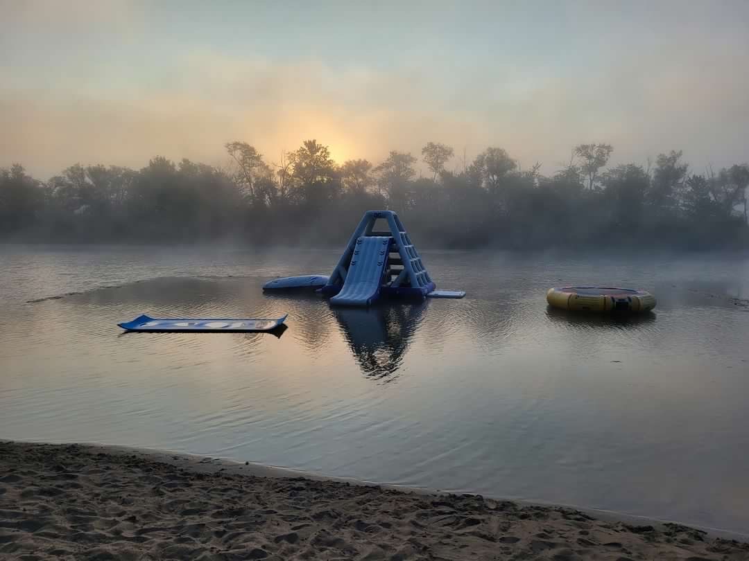 water playground during foggy sunrise
