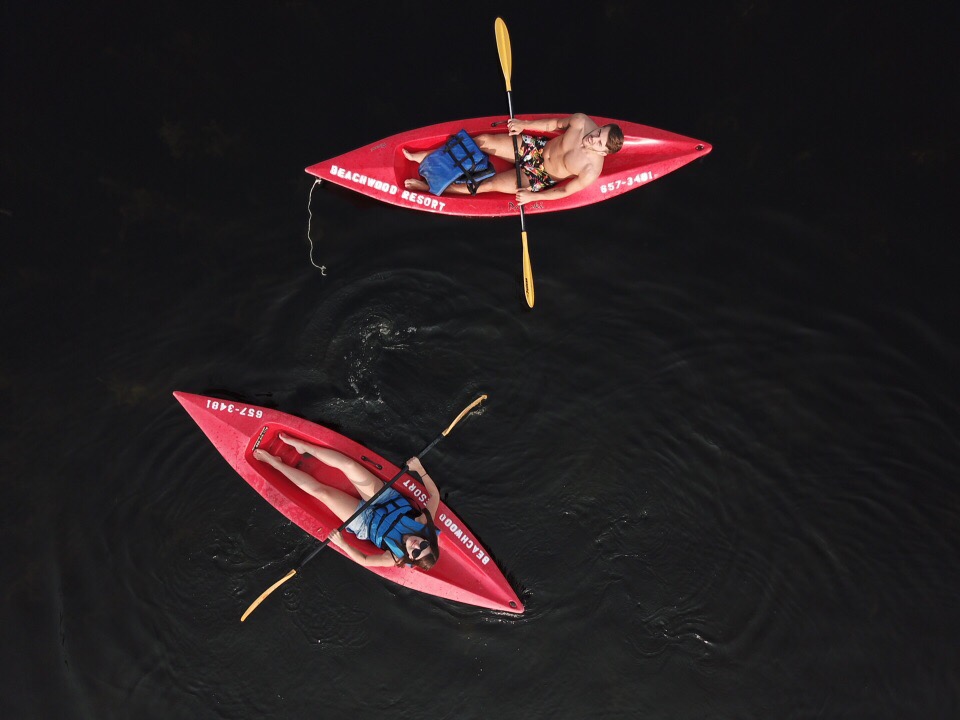 aerial view of two kayaks on a lake