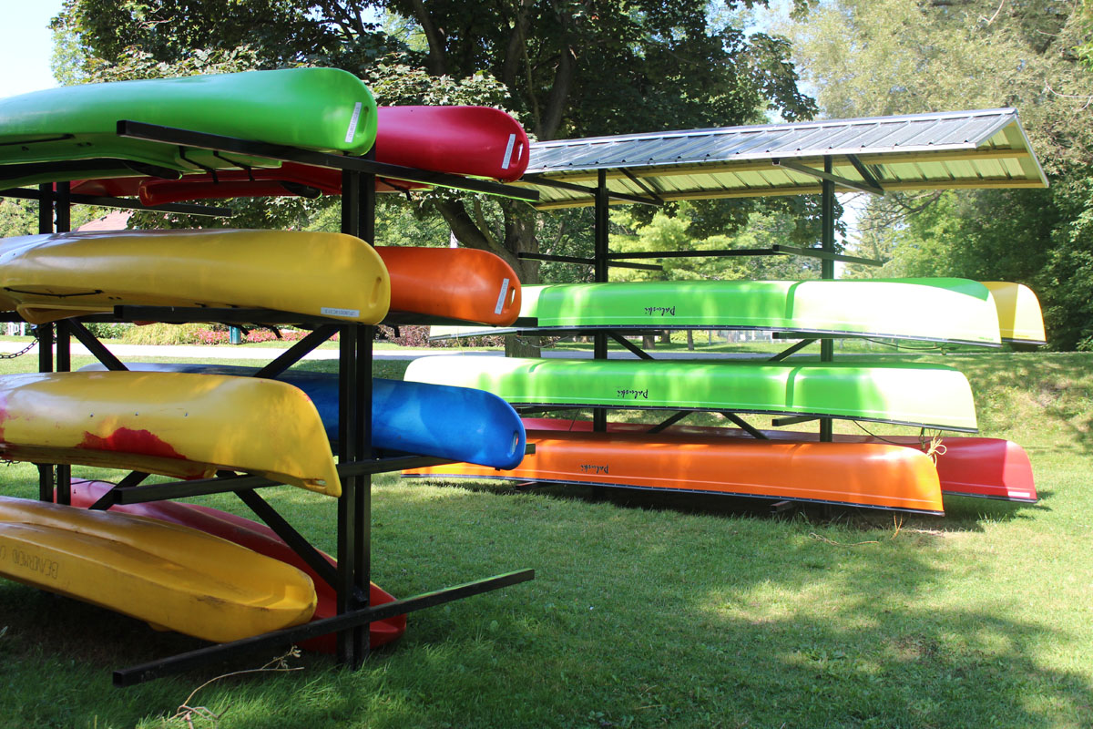 canoes stacked on racks