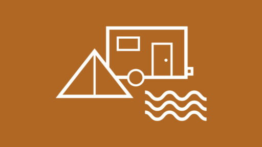 a tent and trailer by water symbols.