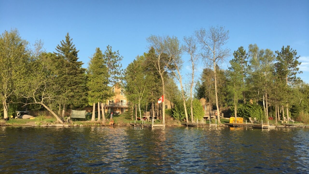 cottages on a lake with forest