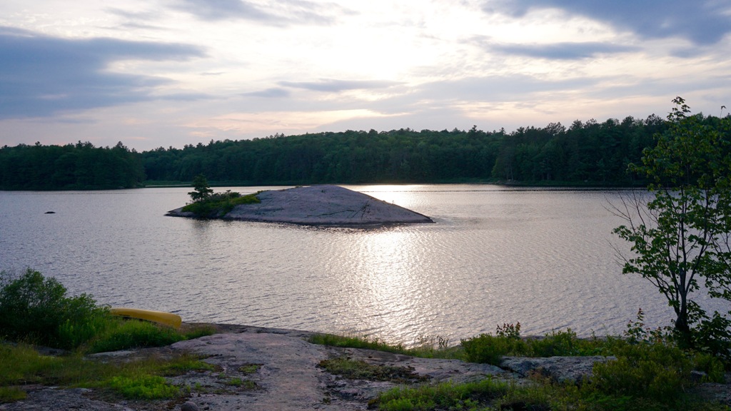 rock island on lake in forest