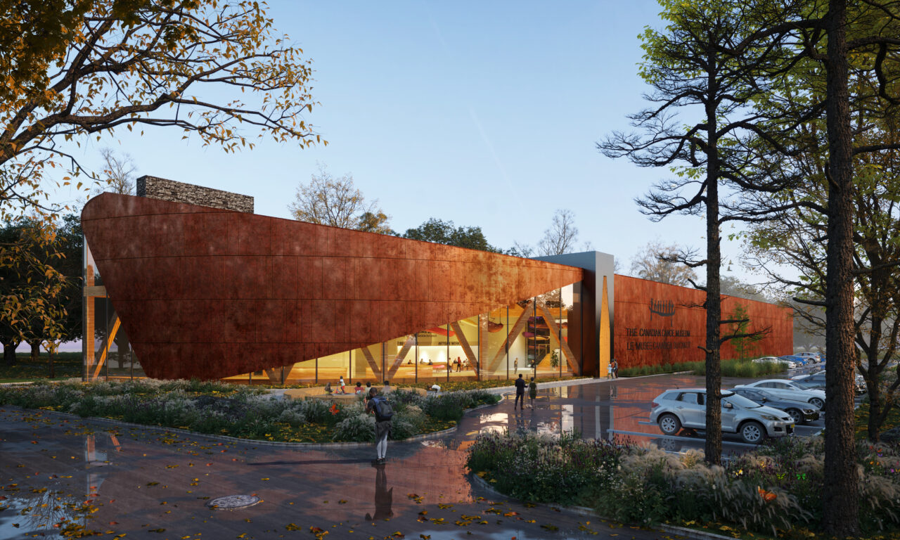 A rendering image of the exterior of The Canadian Canoe Museum’