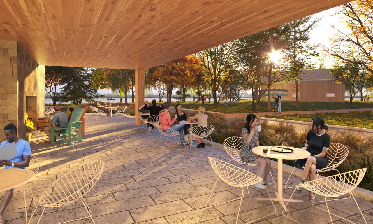 A rendering image of the exterior terrace at The Canadian Canoe Museum’