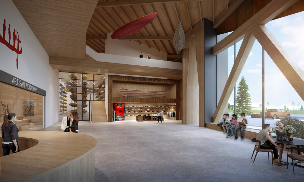 A rendering image of the north atrium at The Canadian Canoe Museum’