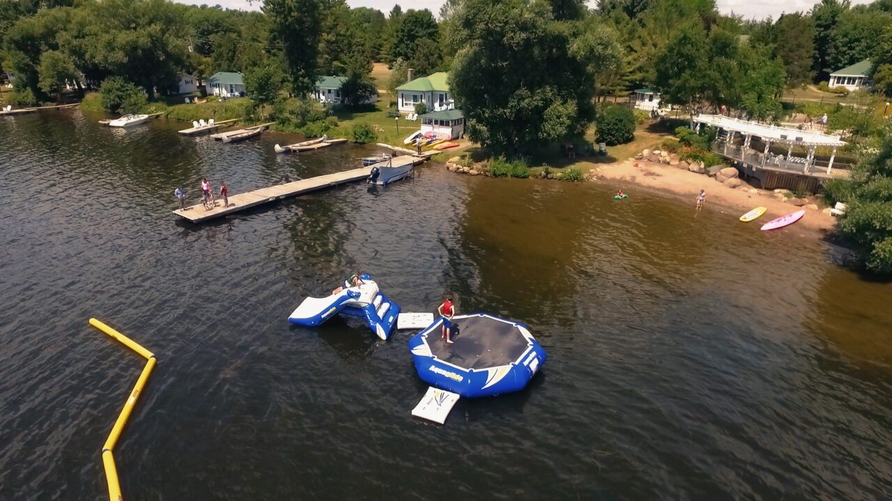 aerial shot of water trampoline