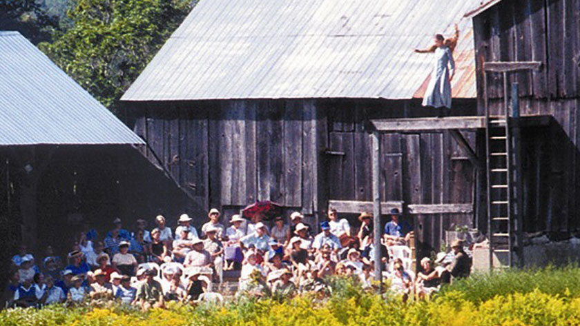 A group of people standing in front of barn watching a performer