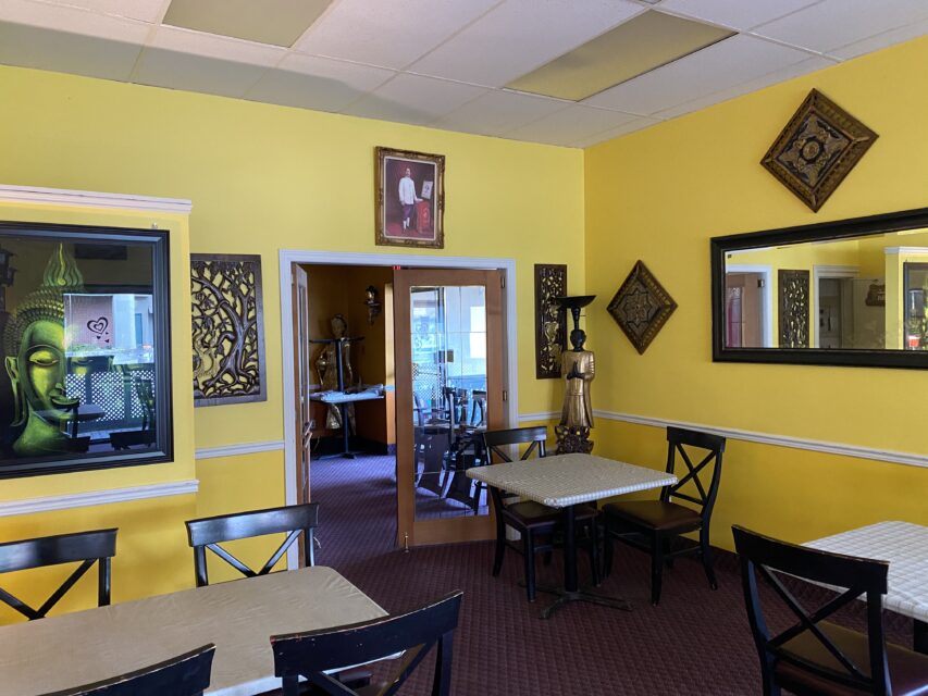 restaurant dining room with yellow walls