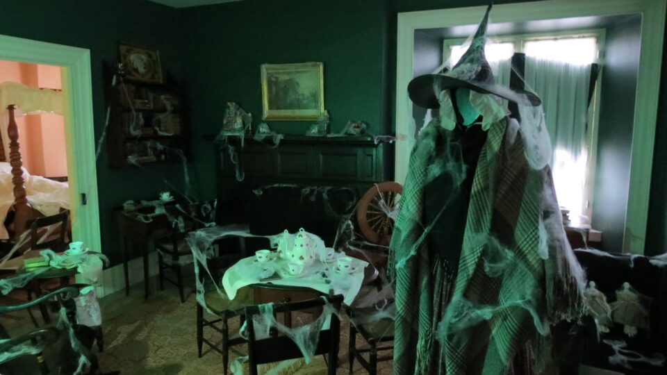 inside a house with spooky decorations