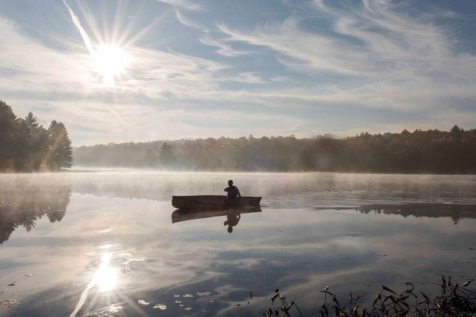 a canoe on a lake in the summer in Peterborough & the Kawarthas