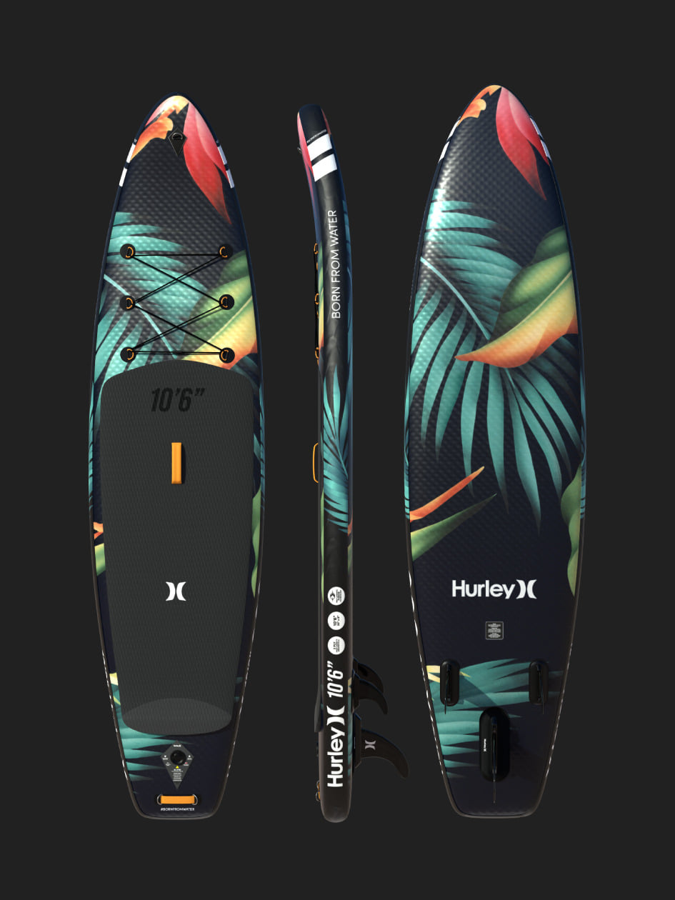 hurley-branded board with palm leaf print