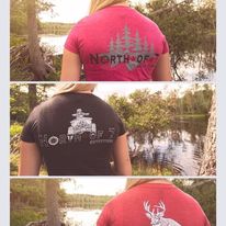 three images of people looking at a lake wearing North of 7 shirts