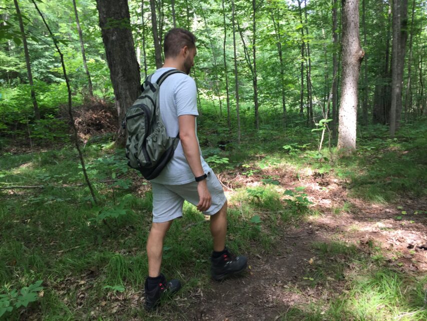 man walking through forest