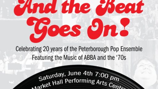 poster for and the beat goes on showing a record and the logo for the Peterborough Pop Ensemble