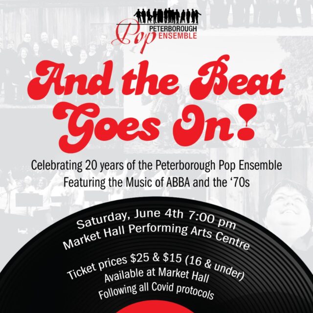 poster for and the beat goes on showing a record and the logo for the Peterborough Pop Ensemble