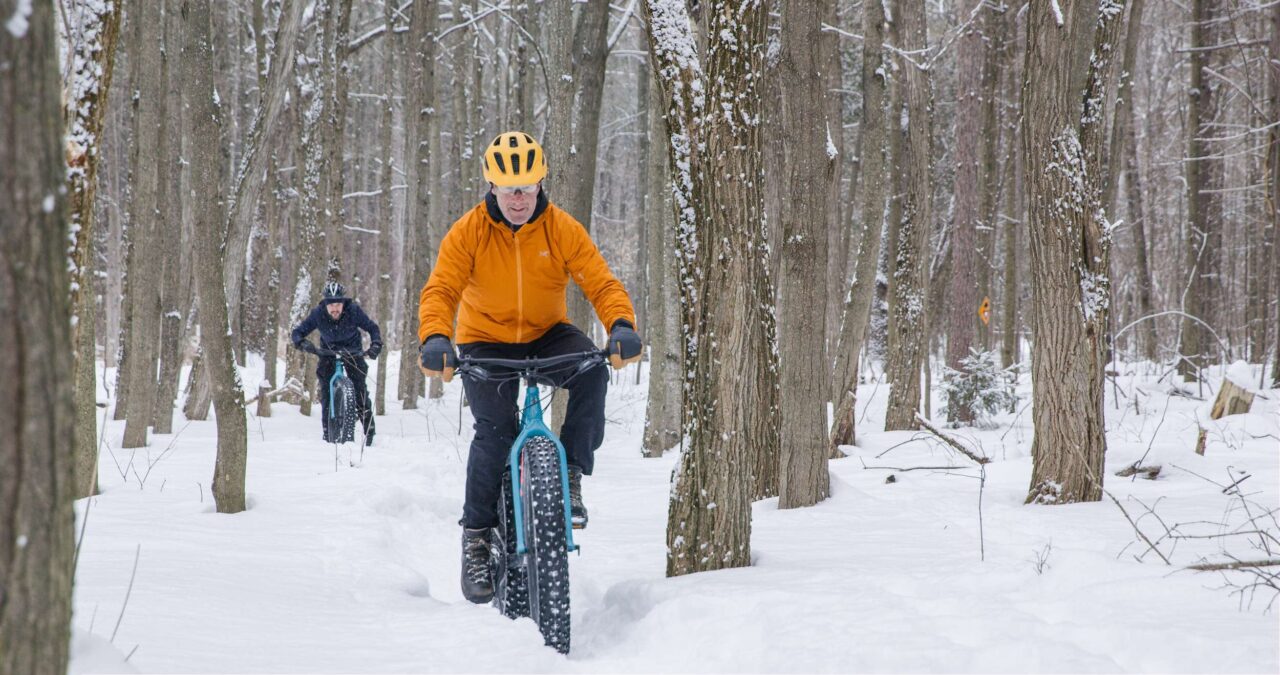 a person fat biking through a snowy forest
