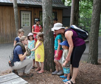 a group of school children looking at a zoo staff member holding a snake