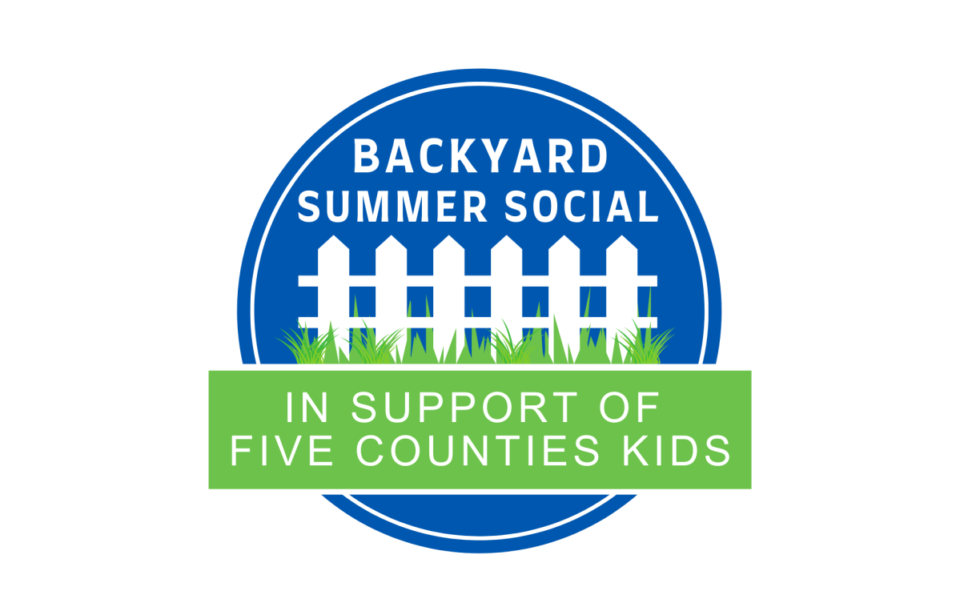 backyard summer social five counties logo with blue background and white fence