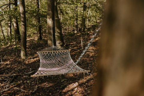 White hammock hanging in the woods