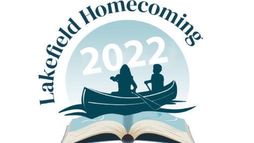 two people in a canoe on water, over a book. text says lakefield homecoming 2022