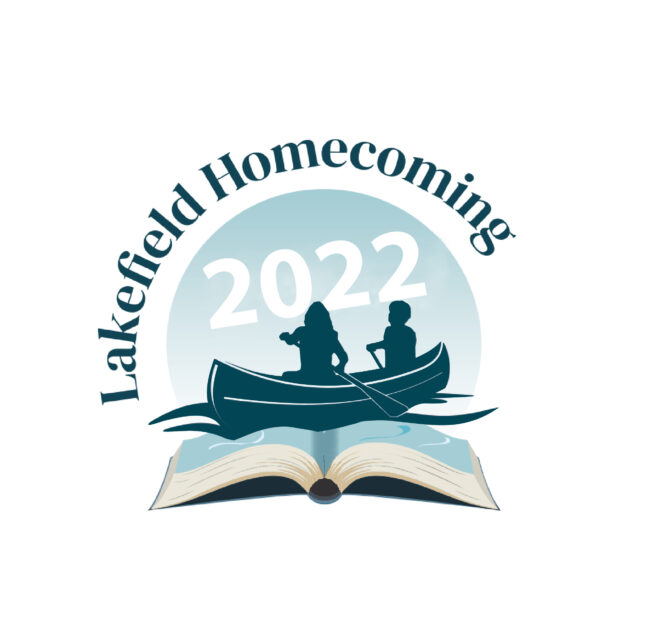 two people in a canoe on water, over a book. text says lakefield homecoming 2022