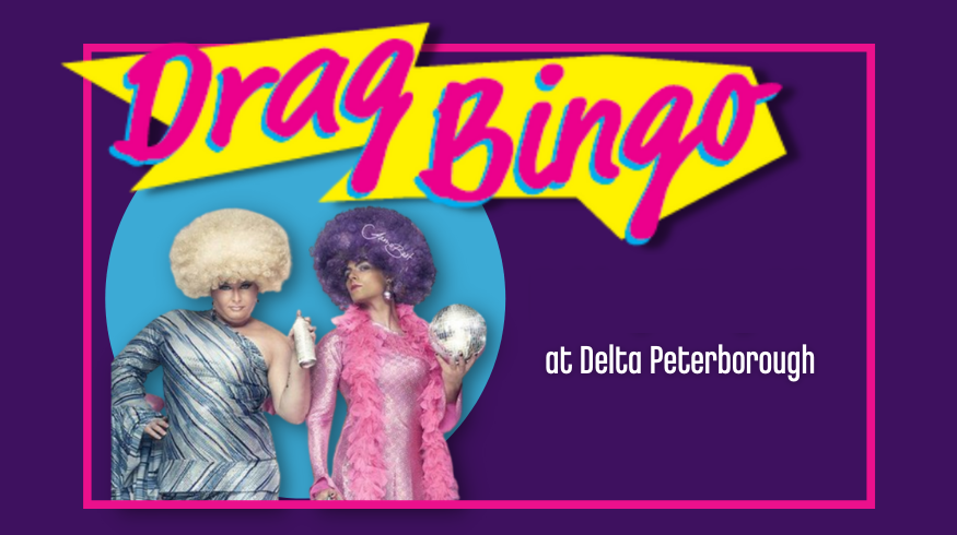 two drag queens with ddark purple background. at delta bingo