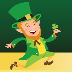 leprechaun in green suit and top hat holding a 3 leaf clover