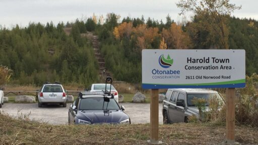 park sign saying Harold Town Conservation with cars in the background