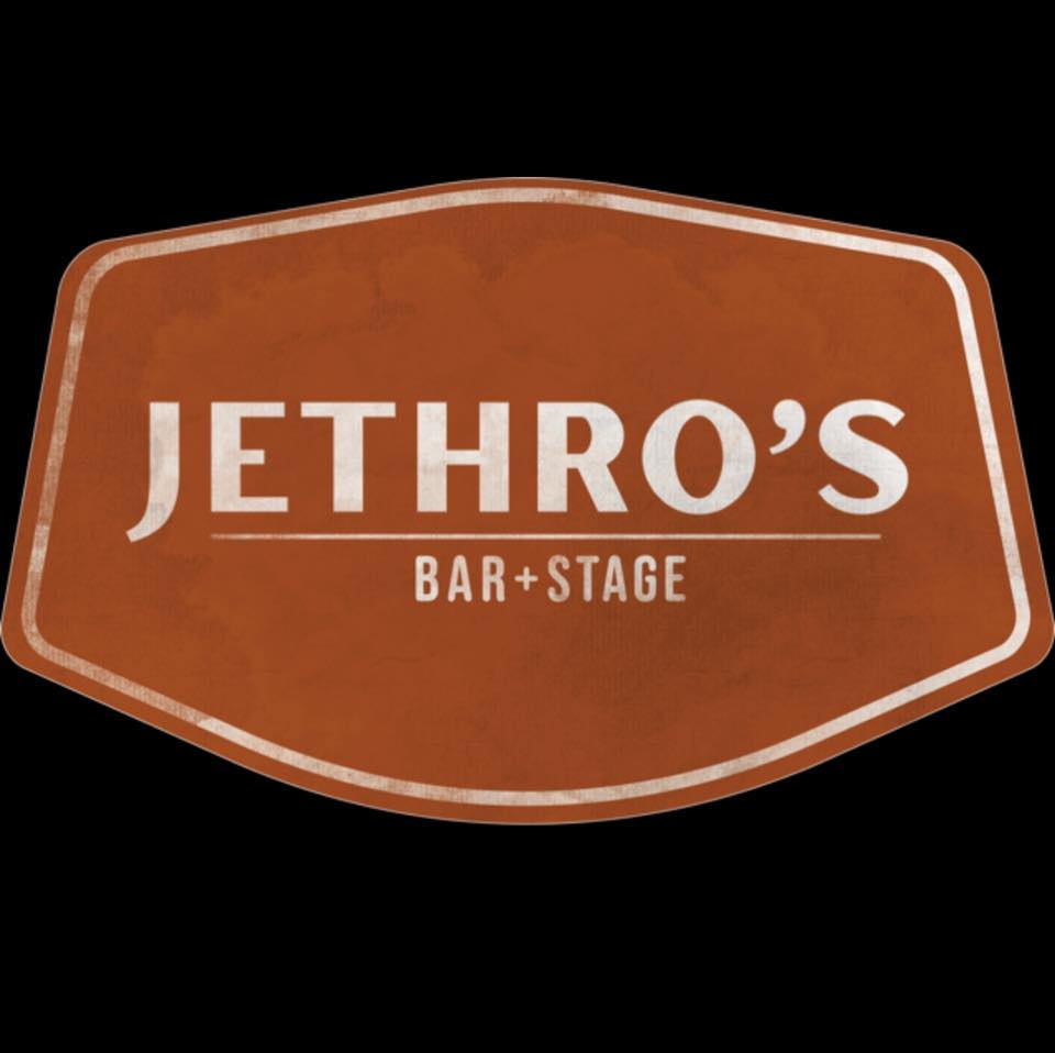 black background with brown rectangle with "jethros bar & stage" written in white in the middle