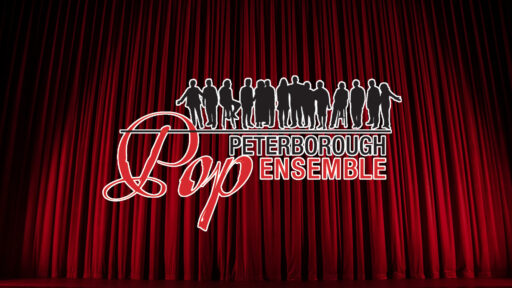 red curtain backdrop, with multiple shadowed figures of people with the words Peterborough Pop Ensemble