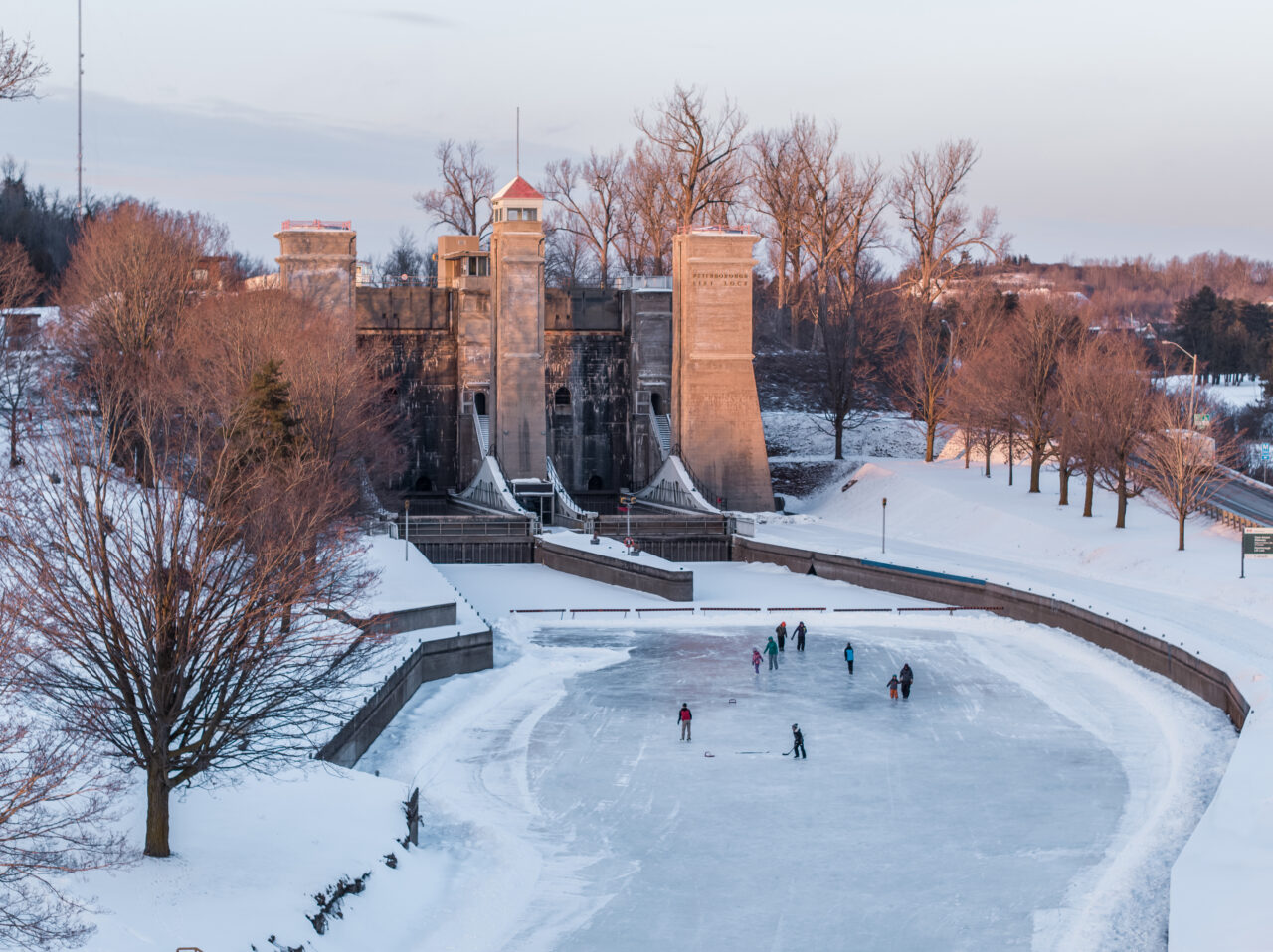 people skating on the canal at the Peterborough Lift Lock