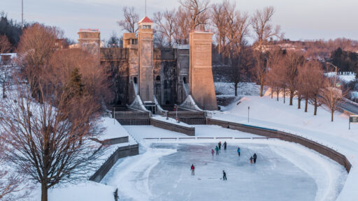 people skating on the canal at the Peterborough Lift Lock