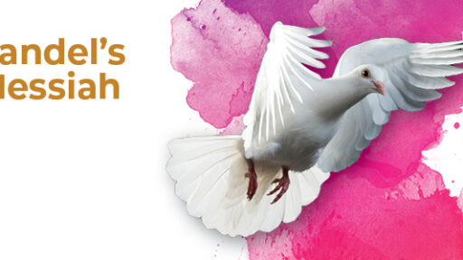 a photo of a white bird flying with the words Handel's Messiah to the left of the bird