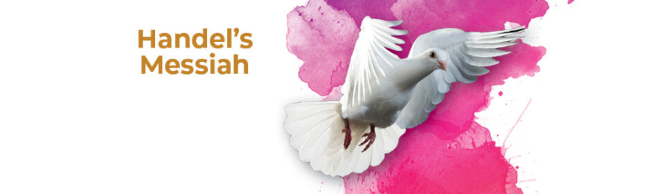 a photo of a white bird flying with the words Handel's Messiah to the left of the bird