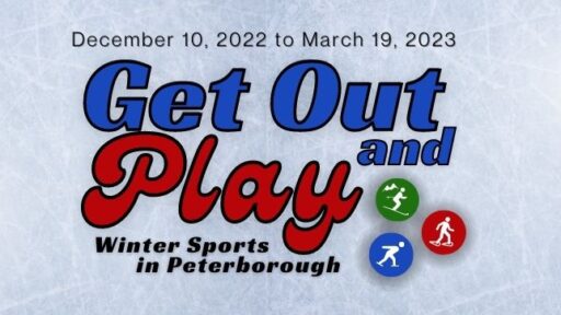an image with curling and hocket items, with the text that says get out and play winter sports in Peterborough