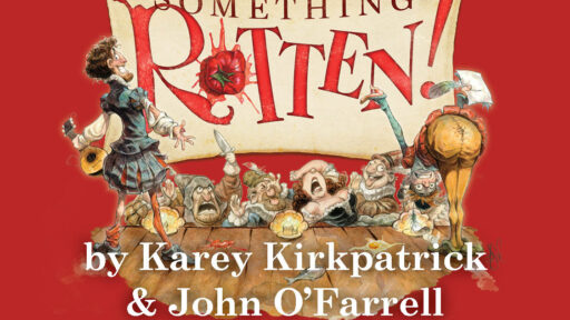 a cartoon image with people holding up a banner that says "something rotten" by Karey Kirkpatrick & John O'Farrell