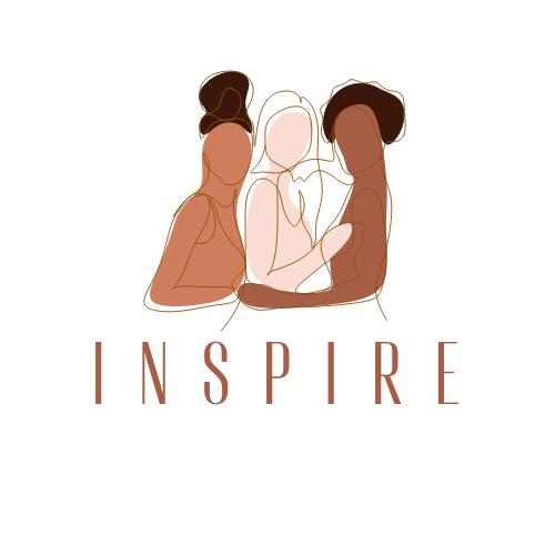 A DRAWING OF 3 WOMEN STANDING TOGETHER, WITHT HE WORD INSPIRE BELOW