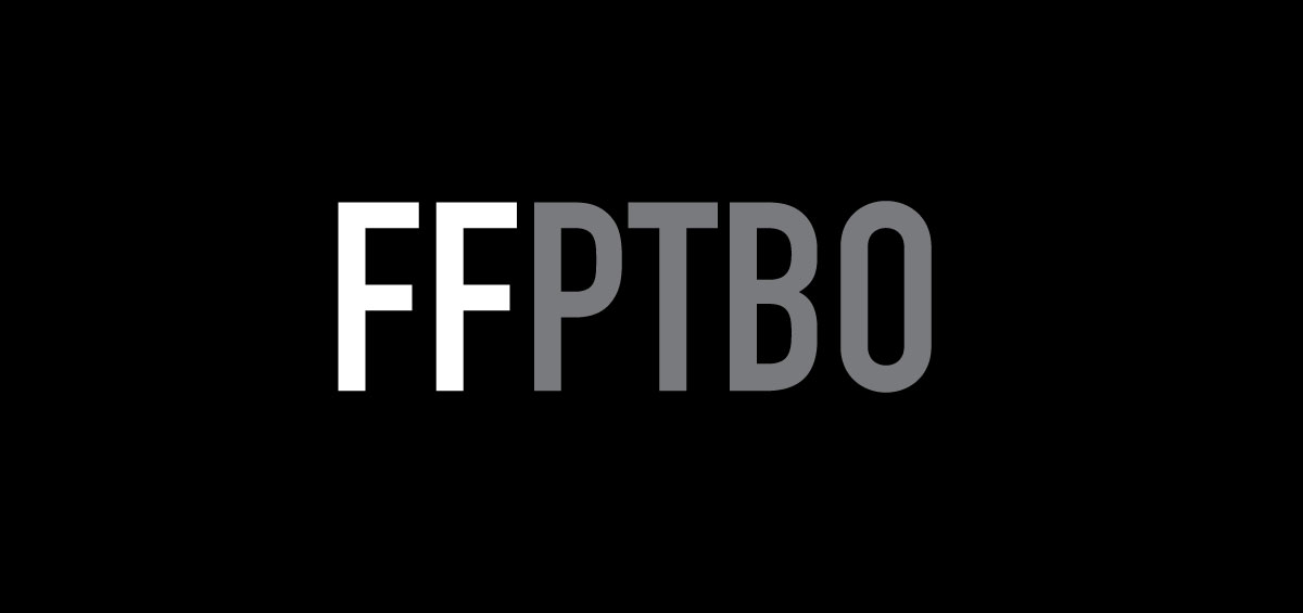 First Friday Peterborough's logo. Black background with the letters "FF PTBO"
