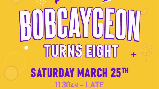 a yellow background with a loon and a tree clip art, with the words "bobcayegon brewing company turns eight. March 25th 11:30 to late"