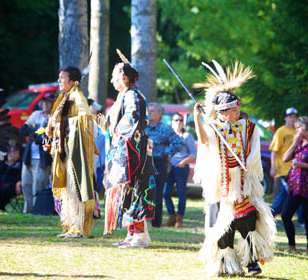 an image of Indigenous people dressed in traditional clothing at a pow wow