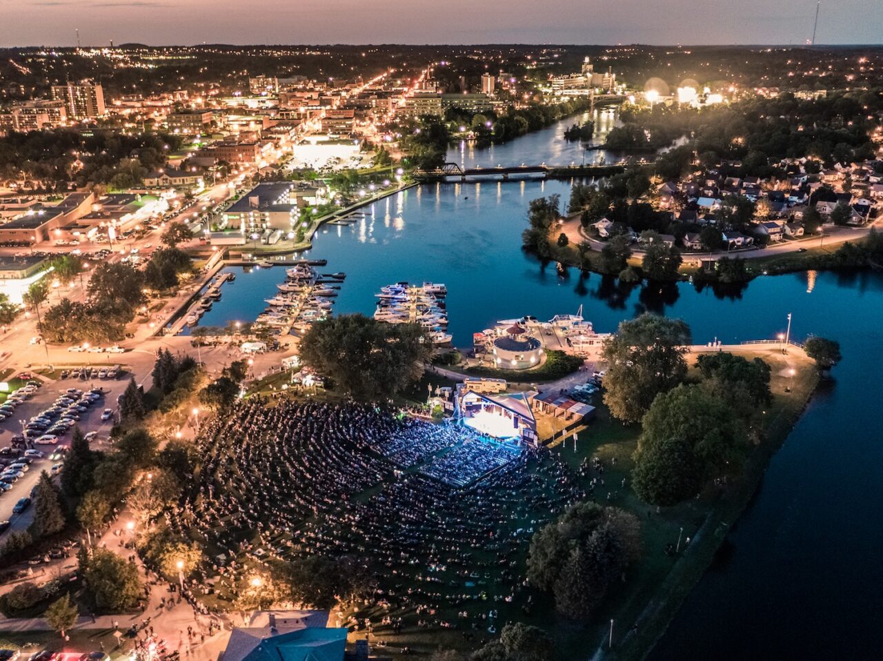 an arieal shot of Musicfest concert at night, with a park full of people